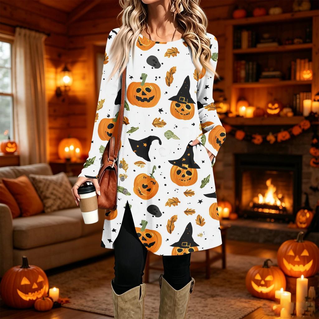 Women's Casual Printed Long Sleeve Round Neck Dress for Everyday Fashion