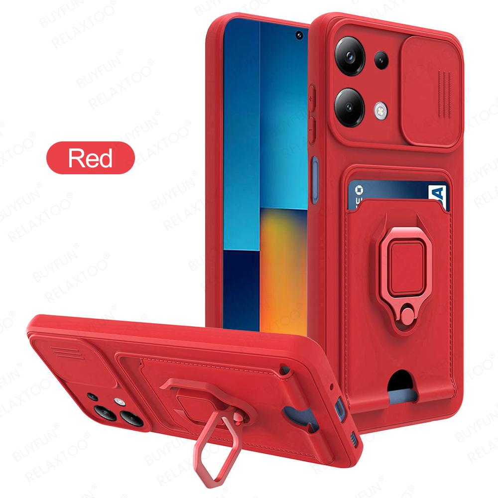 Slide Camera Lens Protection Case For Xiaomi Poco M6 Pro 4G Card Slot Stand Holder Magnetic Cover Coque PocoM6Pro Little M6Pro