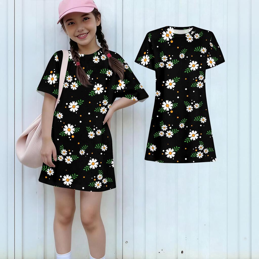 Girls Print Casual Dress Kids Loose Round Neck Short Sleeve Thin Sundress