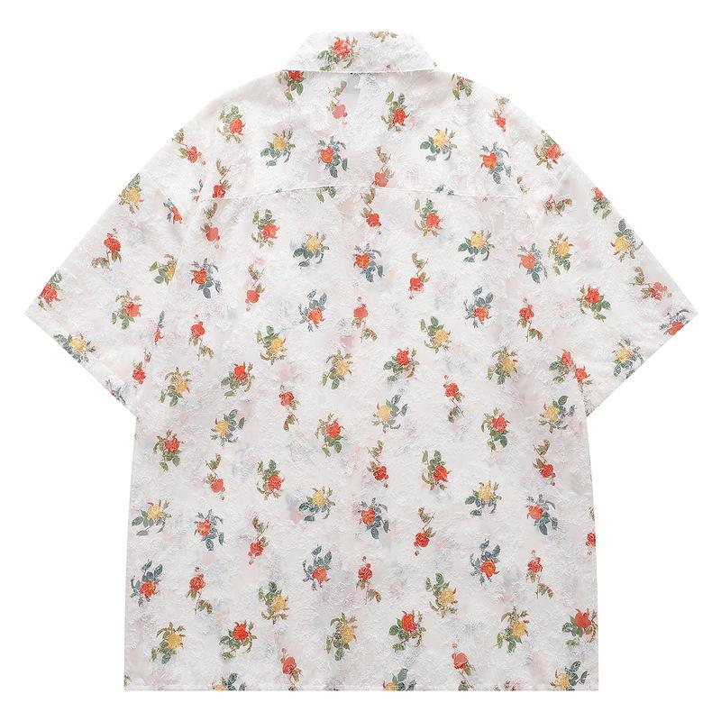 Camisa de manga curta com lapela floral damasco, temperamento simples retrô, design estilo Hong Kong, para homens e mulheres, para parecerem magros no verão