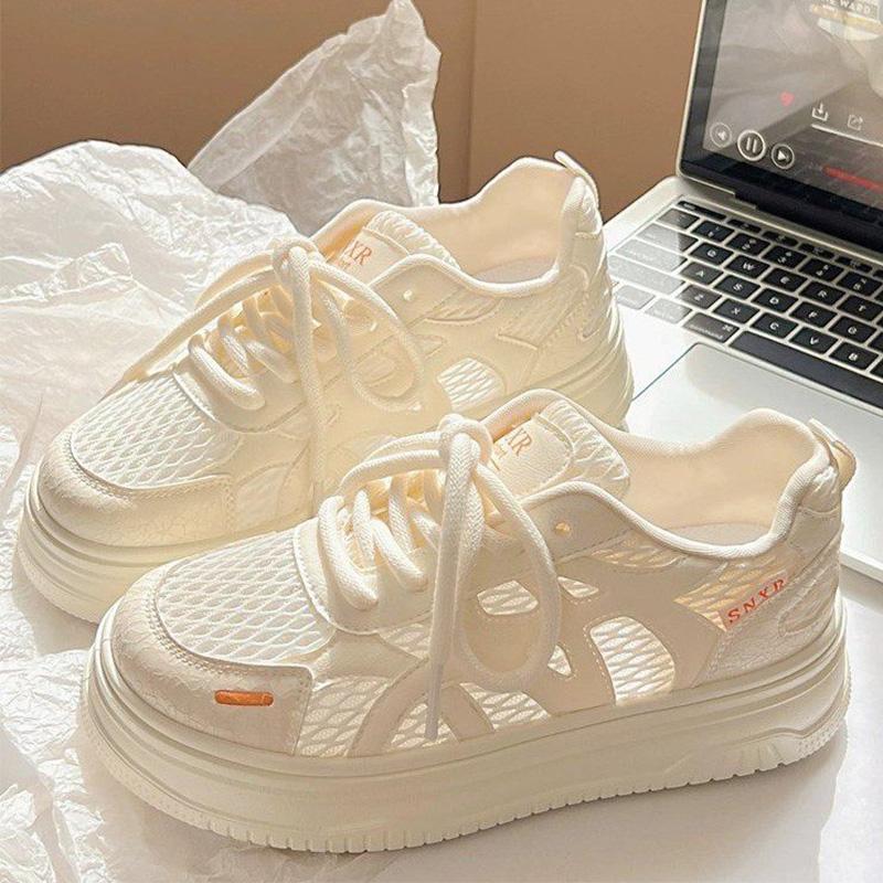 Fashion Concise Breathable Mesh Sports Shoes Women 2025 Beige Lace Up Lightweight Sneakers Woman Non Slip Platform Casual Shoes Mujer