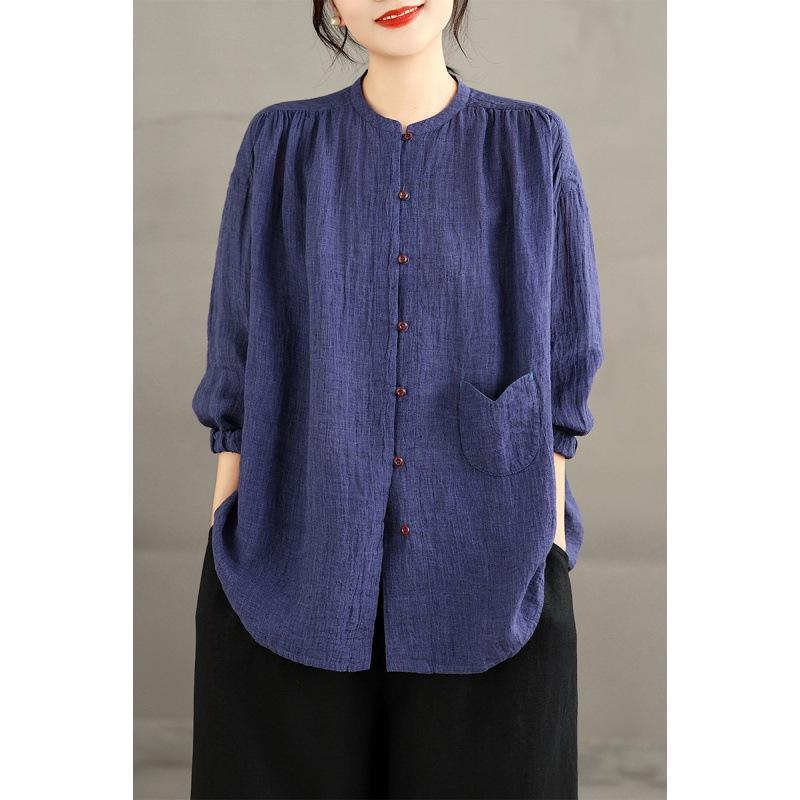 

Casual Wrinkled Blue Cotton-Linen Shirt - Oriental Charm 2026 Spring Collection L глибокий/синій