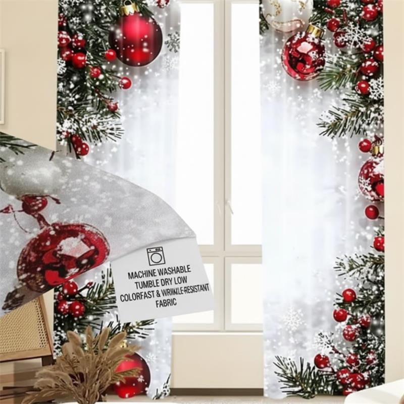 Christmas Ball Holiday Printed Curtains, 2 Pieces 2D Flat Printed Red Luxury Xmas Print Curtains with Snowflakes  for Holiday Party Decor