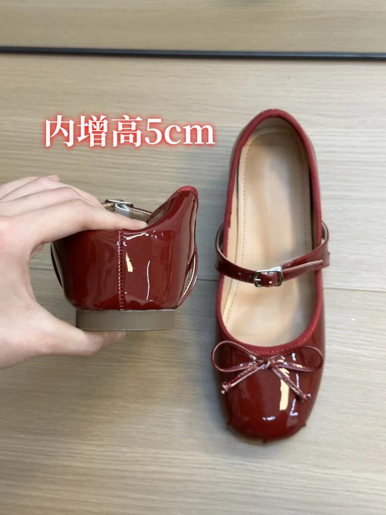 Fairy Wind~ Small Man Inner Height Increase 5cm Red Mary Jane Shoes Women's Bow Word with Light Mouth Ballet Shoes