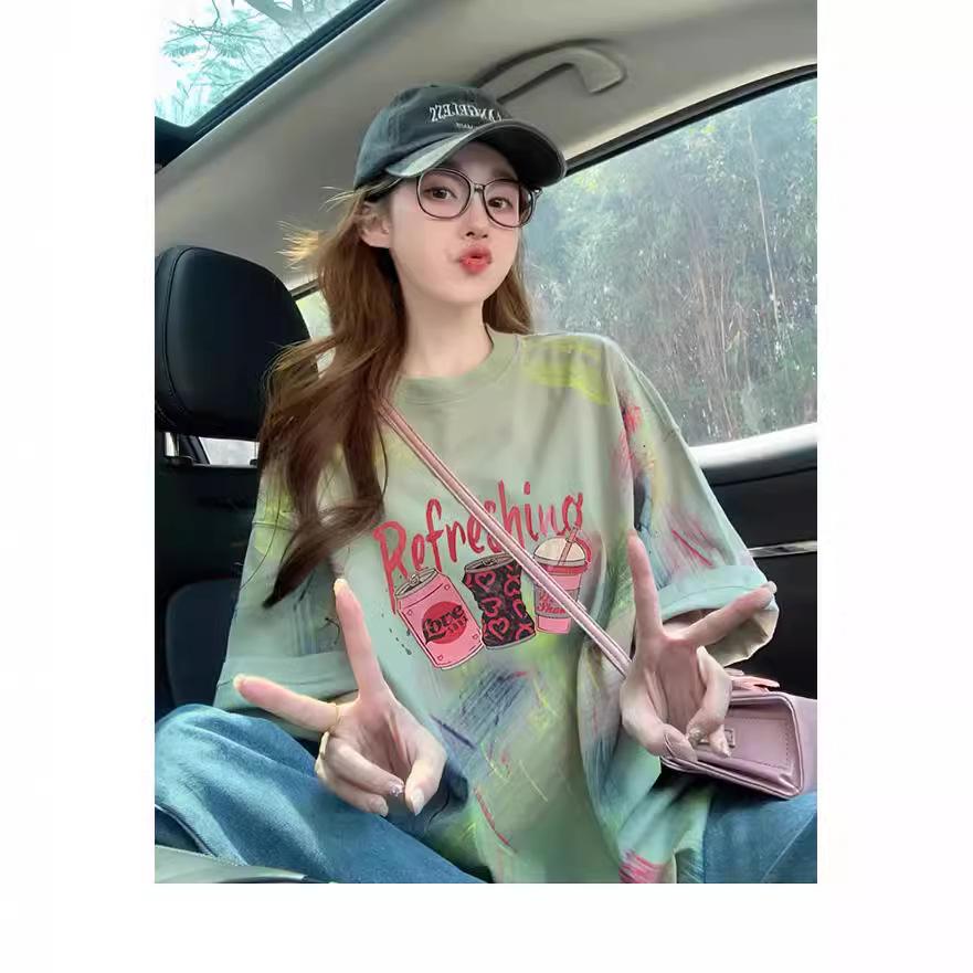 

Женская модная хлопковая футболка оверсайз с принтом тай-дай: Дизайн граффити, лестный и свободный крой L for 110-130 lbs зелёный