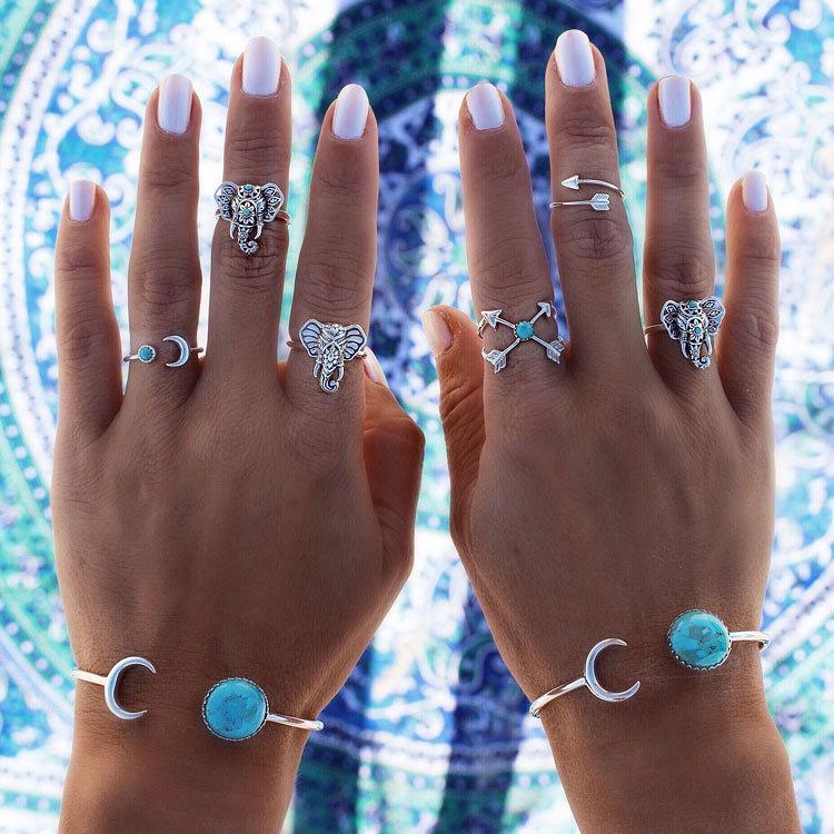 Turquoise Moon Arrow & Elephant 6-Piece Joint Ring Set
