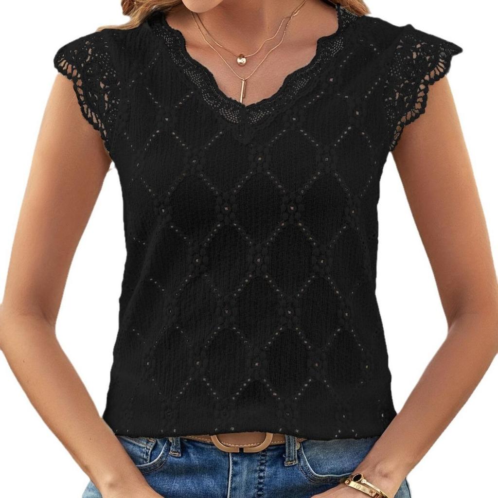 Pull-over à col en V et manches courtes pour femme, nouvelle collection été