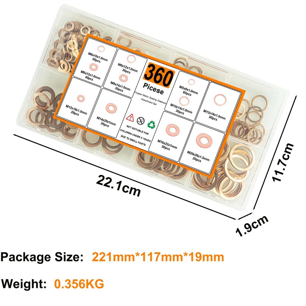 300/200/360 Stück Rotkupfer Dichtung Öldichtung Dichtungssatz Rotkupfer Flache Unterlegscheibe Rund Rotkupfer Dichtung Box