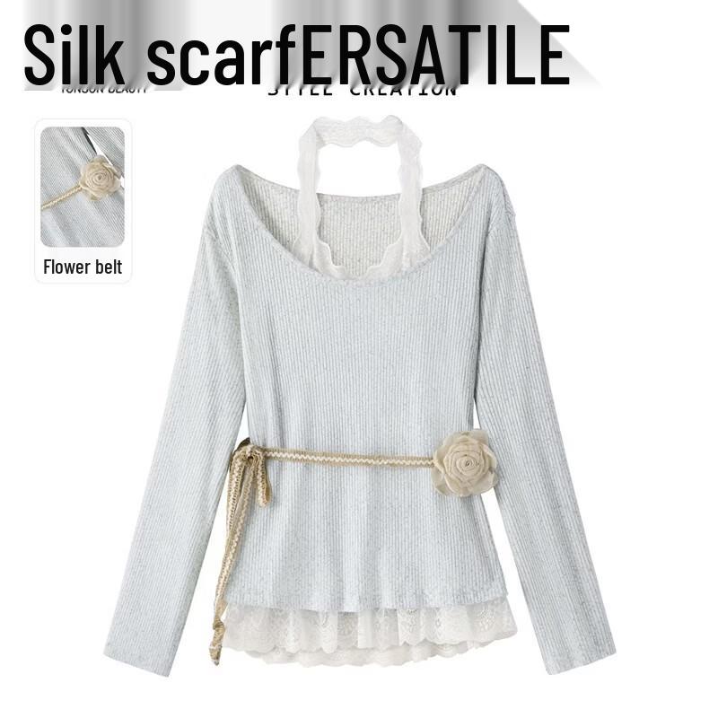 Women s Sweet Long-Sleeve Knitted Fake Two-Piece Top M