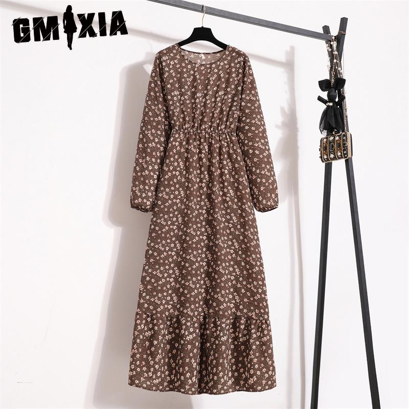 GMXIA 25 Colors Spring Women Maxi Dresses Casual Long Sleeve Floral Print O-Neck Ladies Long Dress Bohe Beach Party Mujer Vestidos Muslim Dress
