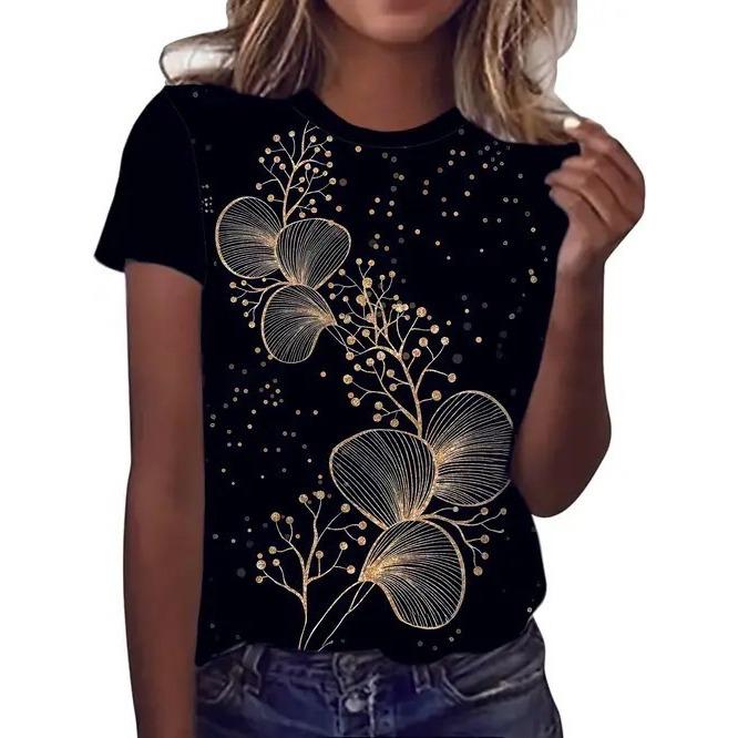 Summer Round Neck 3D Flower Butterfly Pattern Print Top Fashionable Casual Retro Short Sleeved Women's T-shirts