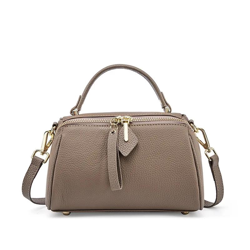 Genuine Leather Ladies' Bag  New Retro Simple Classic Boston Handbag Cowhide Diagonal Shoulder Bag