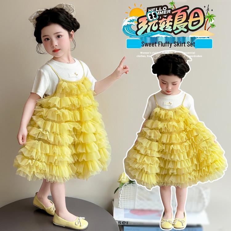 Yellow Spaghetti Strap Summer Dress for Girls - 2026 Stylish Mesh Princess Skirt 90cm