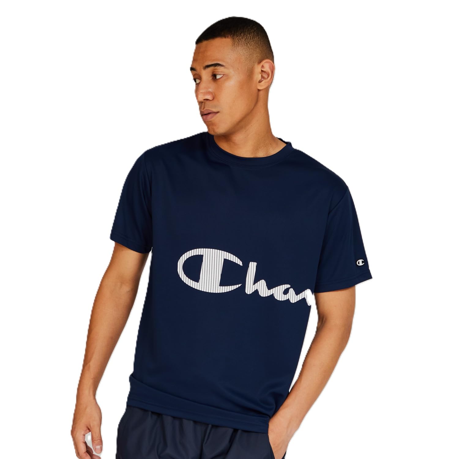 Champion Футболка с коротким рукавом, круглым вырезом, графическим принтом, быстросохнущая, защита от УФ, базовый темный цвет, 100% полиэстер, антибактериальная, дезодорирующая