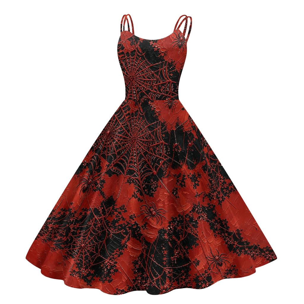 Women's Fashionable Halloween Print Off Shoulder Spaghetti Strap Dress
