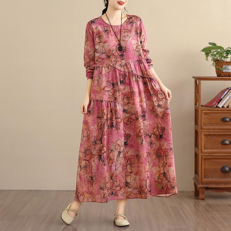 DIMANAF New 2026 Women Plus Size Spring Summer Vintage Long Dress Loose Oversize Long Sleeve Maxi Floral Print
