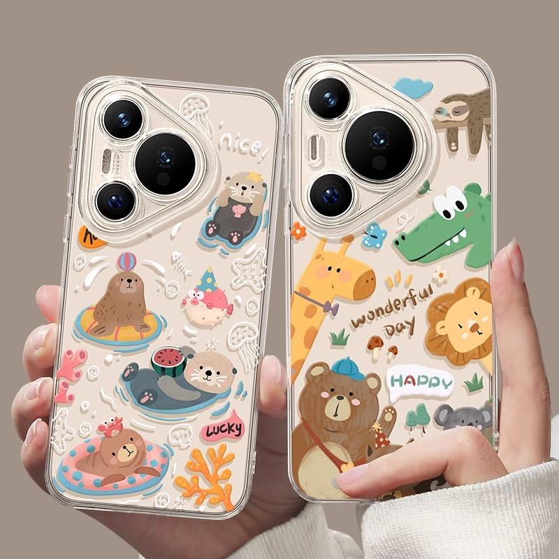 Cartoon Huawei pura90promax mobile phone case transparent p80pro soft case anti-drop p70 all-inclusive protective case 60