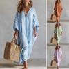 Damen Sommer Gestreiftes Maxikleid, Lockerer Schnitt V-Ausschnitt 3/4 Ärmel Boho Langes Kleid, Lässiges Fließendes Strandurlaub Sommerkleid