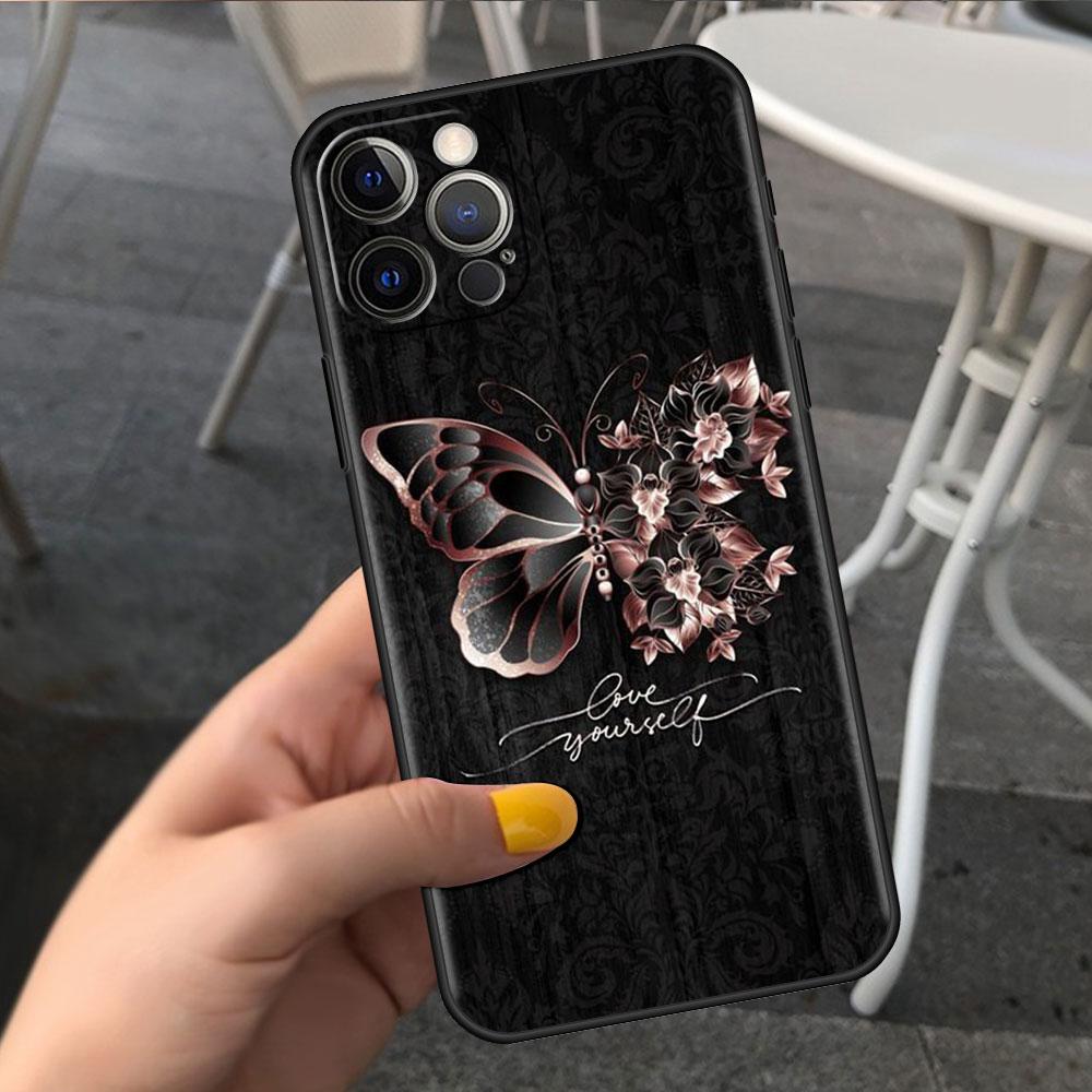 Custodia Per Apple iPhone 14 11 13 7 12 Pro 7 XR XS Max 8 Plus 6 14Pro Nera Morbida Telefono Coque Funda Rosa Bellezza Farfalla