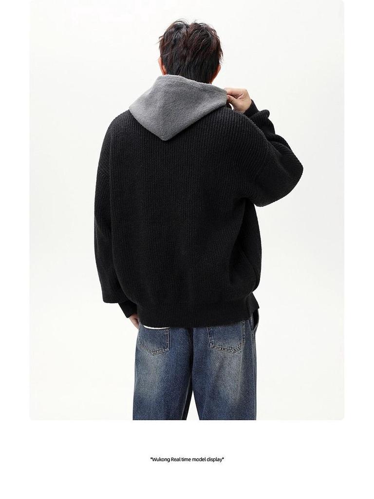 Unisex Two-in-One Patchwork Knit Hoodie Jacket - Autumn/Winter Loose Fit Sweater