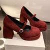 Fashion Crystal Suede Women High Heels Shoes 2025 Autumn Shallow Chunky Pumps Elegant Comfort Mary Janes Shoes Dress Chaussures Femme