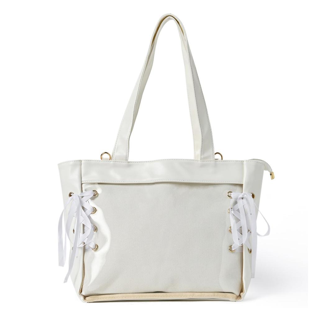 Across Ita Bag, Cute Lace-Up Shoulder Tote, Transparent Vinyl Bag for Women, A4 Size, Ribbon (White)