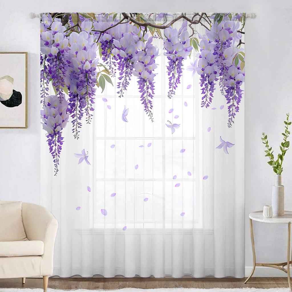 1PC Elegant Wisteria Flower Sheer Curtains - Purple Floral Design with Green Leaves, Rod Pocket Top for Living Room, Kitchen, Bedroom, Balcony