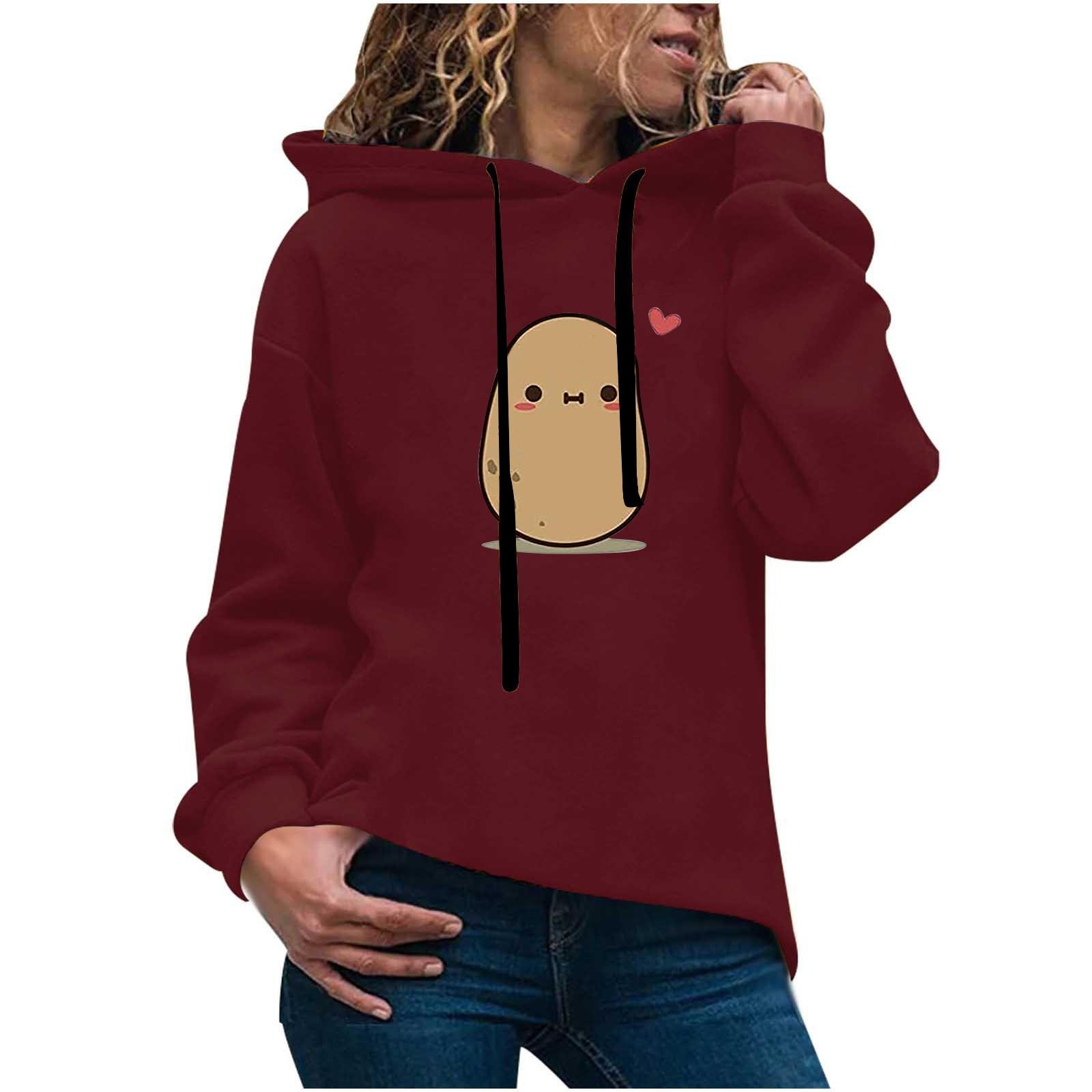 

Women s Fashion Casual Print Hooded Sweatshirt Loose Sports Tops Pullover M винний