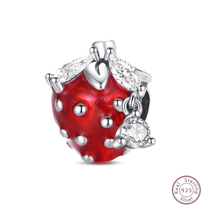 Copper Beaded Pendant Red Shiny Zircon Fruit Strawberry Cherry For Original 3Mm Bracelet Women Fine Jewelry
