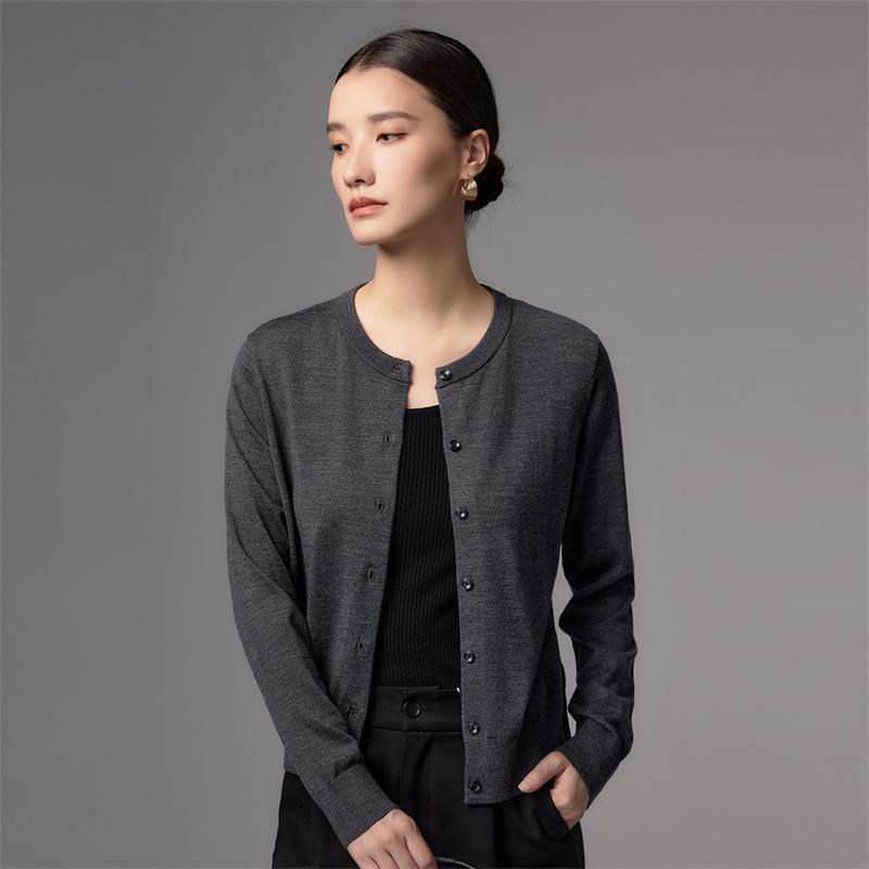 Merino Fine Spun Wool Women's Cardigan: 2026 Spring-Autumn Round Neck, Single-Breasted, Elegant Knit Sweater