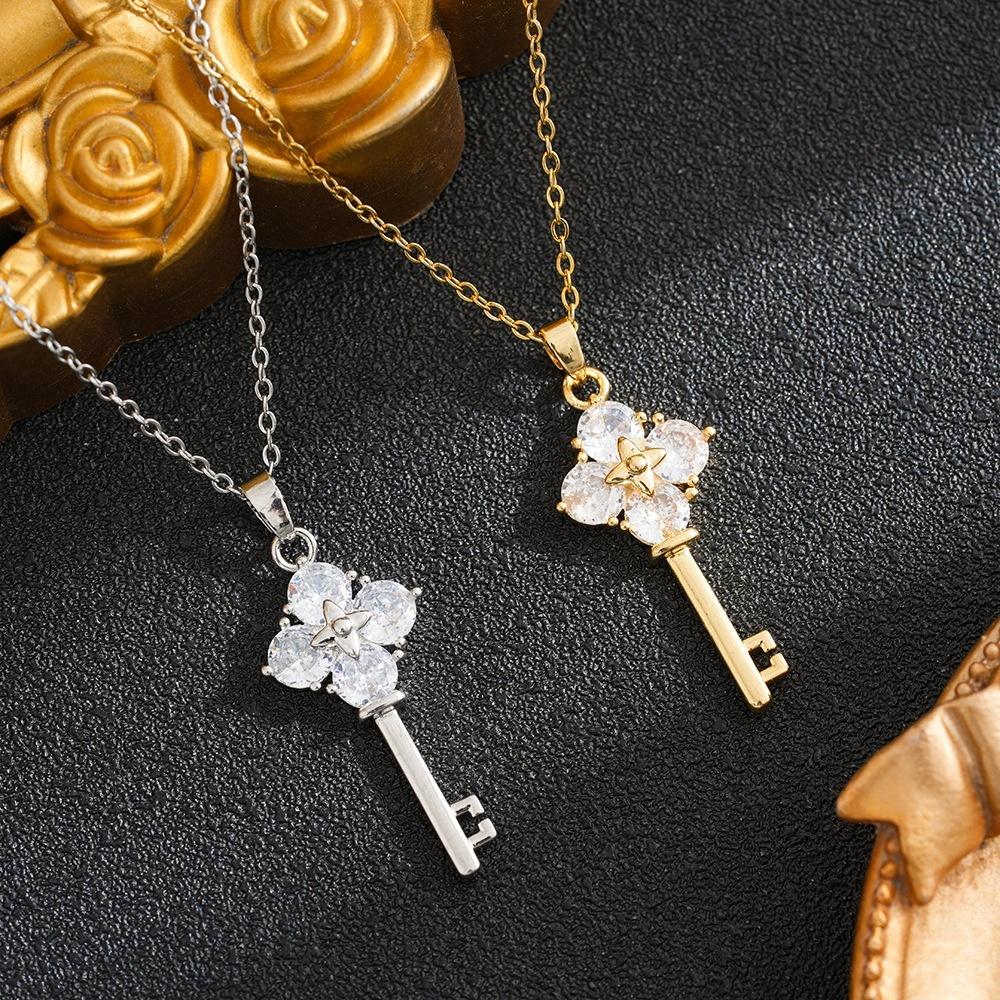 Stainless Steel Waterproof Gold Silver Color Zircon Key Pendant Necklace for Women Fashion Exquisite Clavicle Chain Jewelry