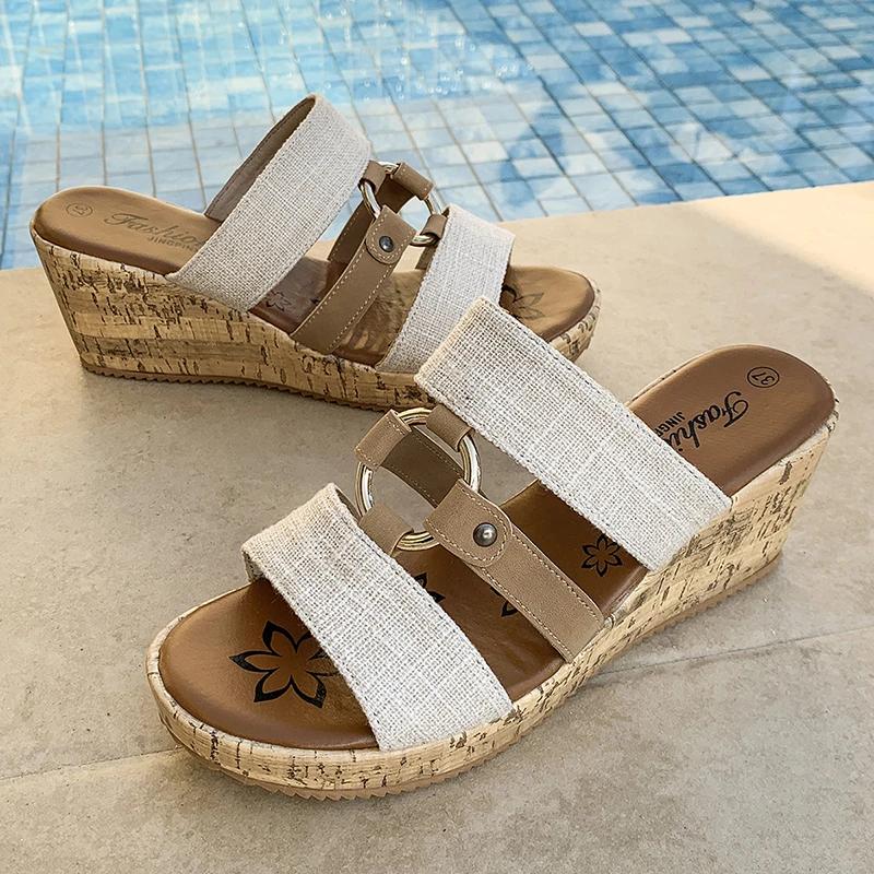 Mode Damenmode Plateau Keilsandalen Sommer Komfort Slip On Strandschuhe Frau Dicke Sohle Rutschfest Walking Sandalias Mujer 2025