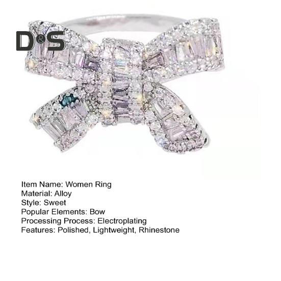 Women Ring Bow Rhinestone Polished Alloy Proposal Ring Multi Sizes Wedding Ring Lady Finger Jewelry for Prom Parties