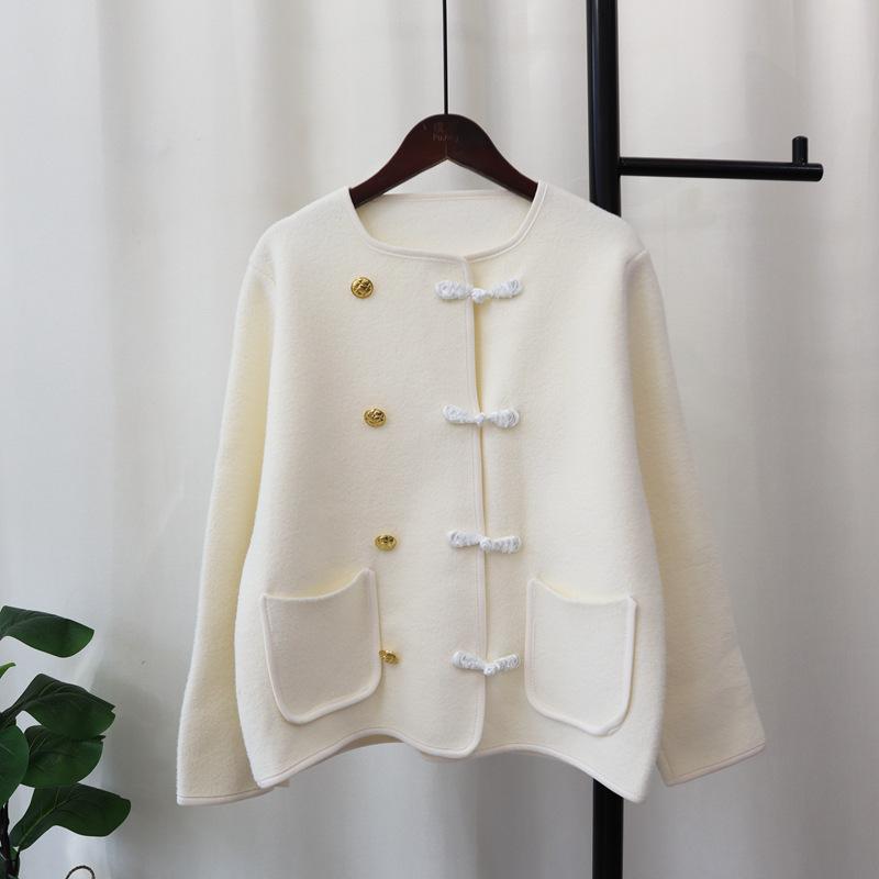 Autumn and Winter New Buckle Design Sense Knitted Double-sided Nylon Cardigan Temperament Sweater Jacket Women