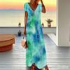 Women Plus Size V Neck Short Sleeve Maxi Dress Soft Tie Dye Print Loose Summer Beach Long Dress