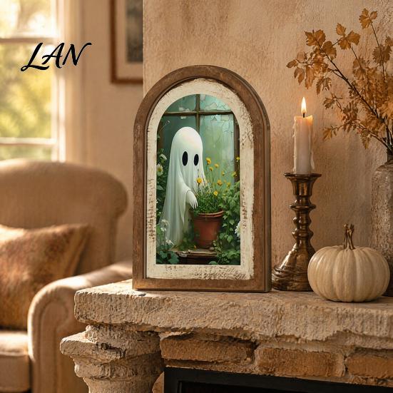 Halloween Entrance Cabinet Decor Ghost/Witch Arched Wall Decor, Cute Ghost Table Sign, Rustic Farmhouse Shelf Retro Room Decorative Hanging