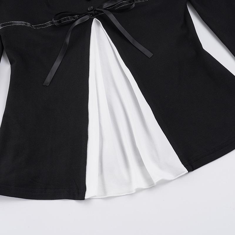 French Color Block Pleated Square Neck Long Sleeve A-line Top with Lace-up Waist for Autumn/Winter