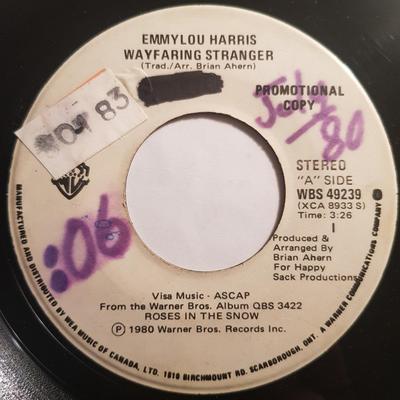 7inch Record EMMYLOU HARRIS - Wayfaring Stranger / Green Pastures WBS49239 WARNER BROS. 1980 Canada Rock Used