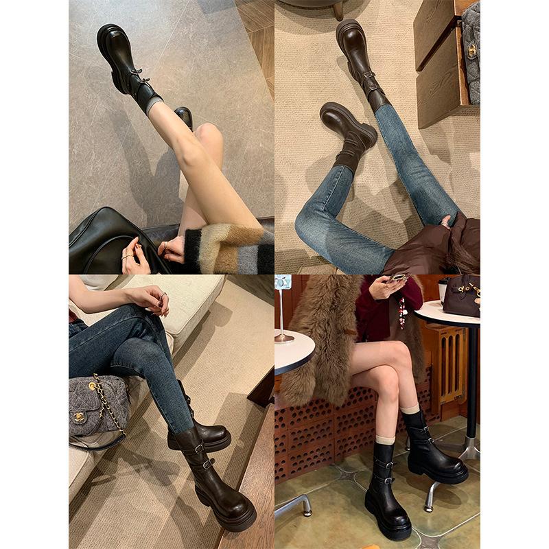 Cowhide version~ Grape mother has the same fashionable belt buckle long knight boots round head thick sole versatile medium tube short boots for women