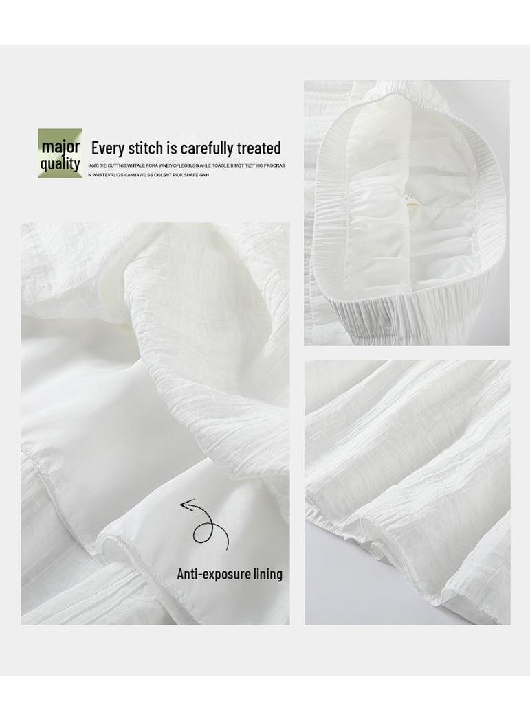 Women's White A-line Midi Skirt - 2025 Spring/Summer, Elastic High Waist, Slimming Long Fresh Style