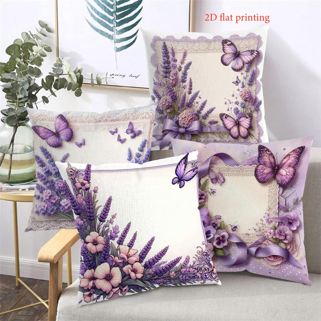 2D flat printing Lavender and Butterfly Patterned Decorative Throw Pillows Polyester pillowcase, sofa decorative cushion cov