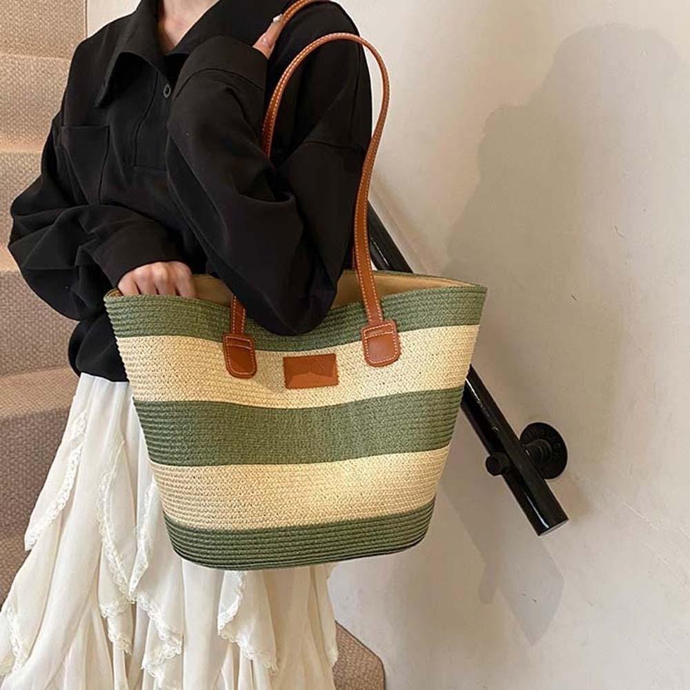 Polyester Stripe Woven Tote Bag Large Capacity Summer Beach Handbag Shopping Straw Bag  Daily