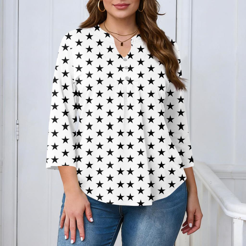 Women's Plus Size Fashionable Casual Loose Fit Three Quarter Sleeve Elegant Button Up V Neck Top