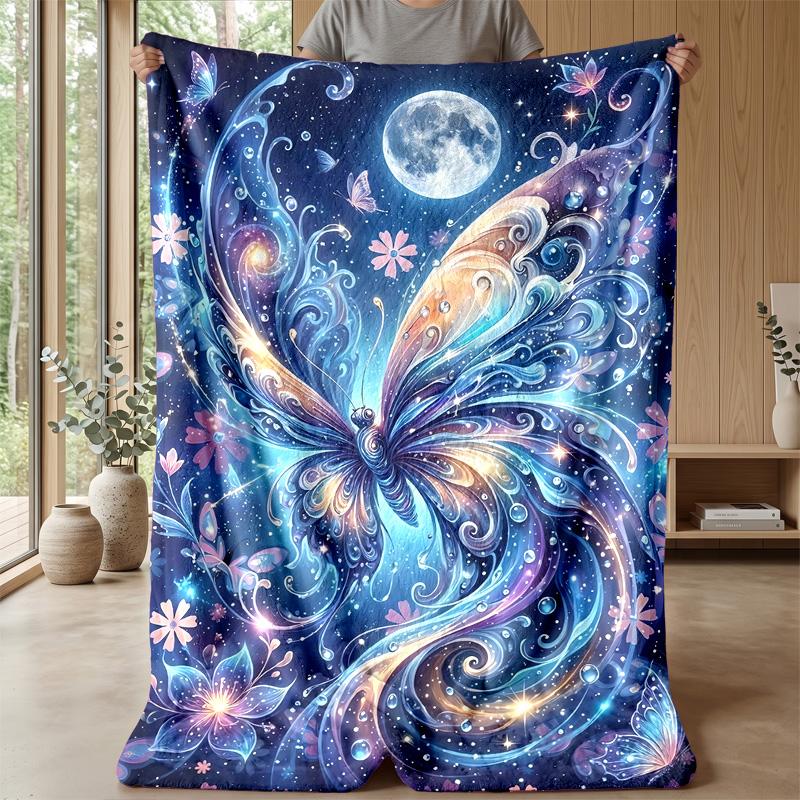Moonlit Butterfly Magic Theme Blanket Lightweight Warm Flannel Blanket Decorative Throw Blanket for Home Decoration