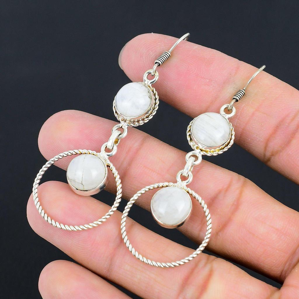 Rainbow Moonstone Gemstone Dangling Handcrafted Earrings Jewelry Sterling Silver