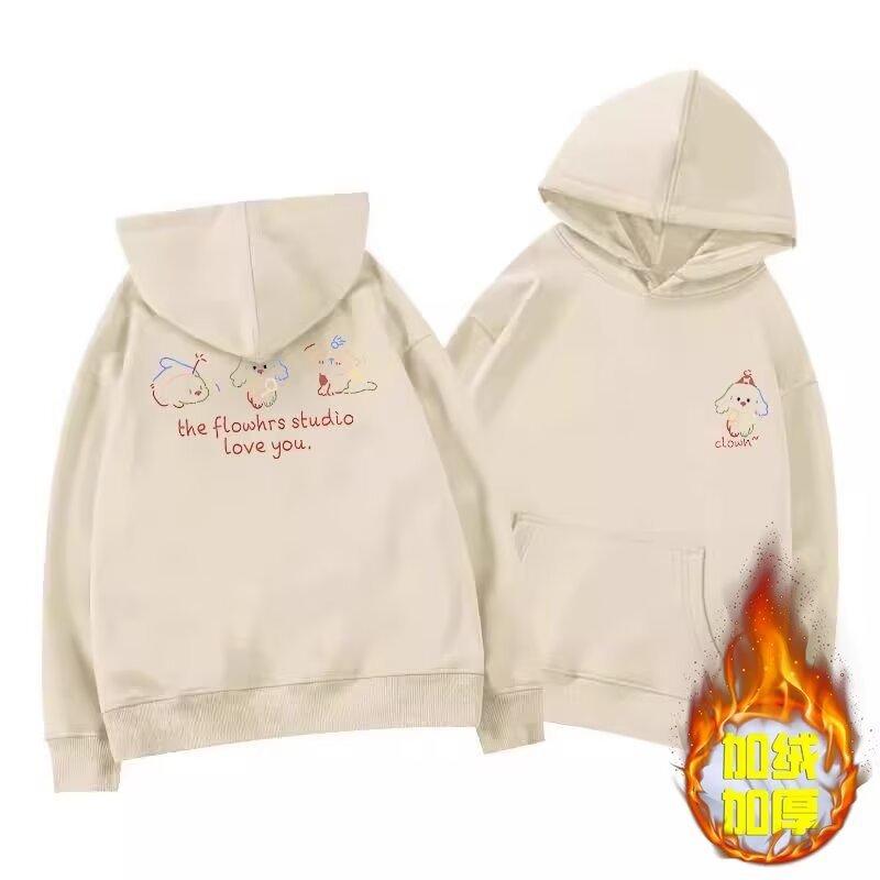 American retro cartoon printing heavy hooded sweater for men and women autumn and winter new casual loose velvet thickened top