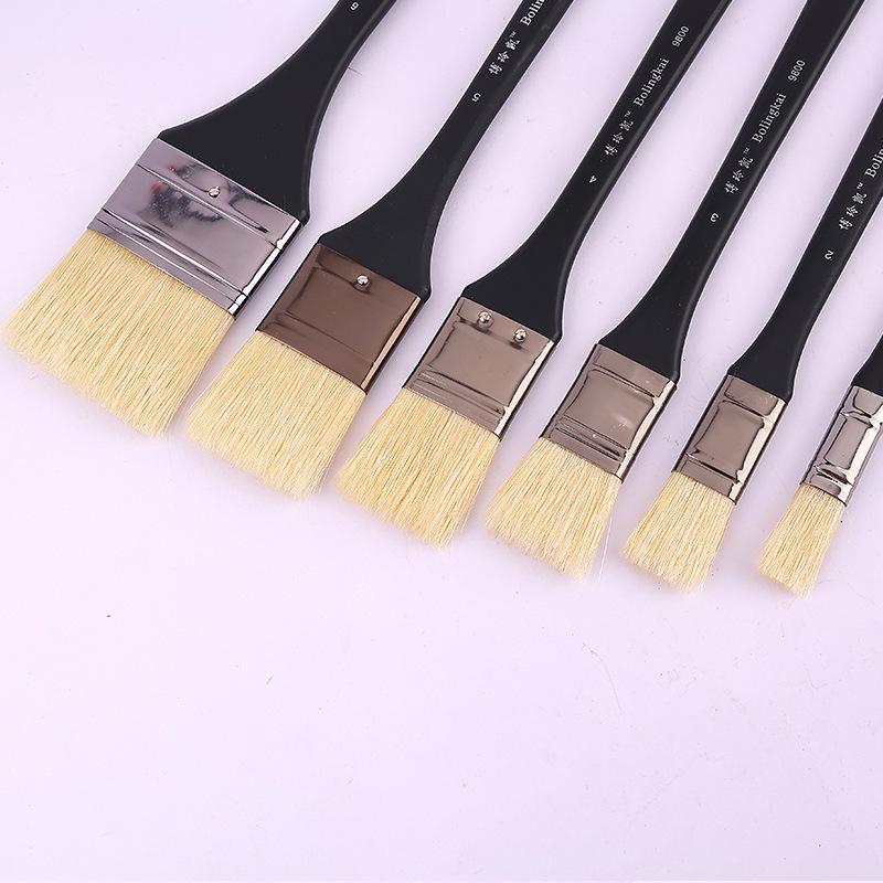 Flat-head Bristle Wood Handle Brush Set for Watercolor and Oil Painting, Handmade with Wall Painting Capability.