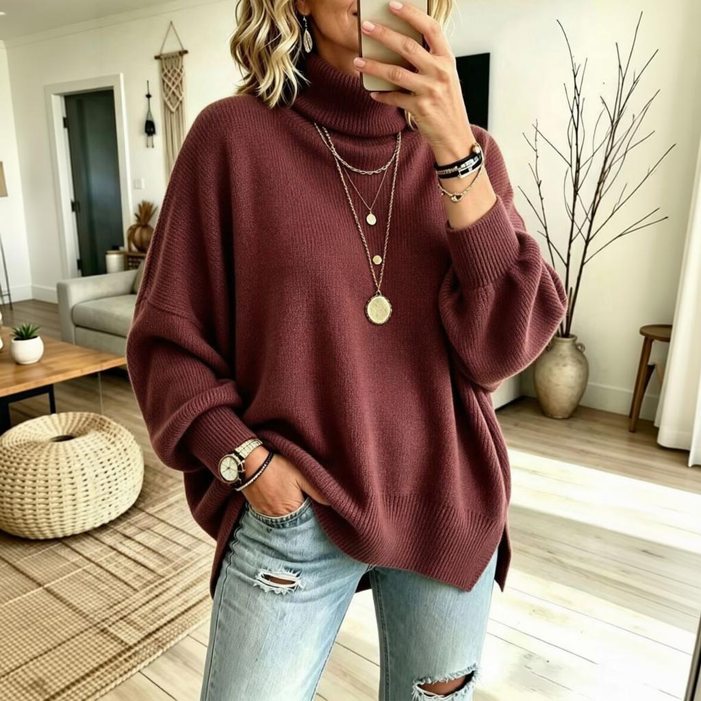 Women's Color Turtleneck Long Sleeve Knit Pullover Sweater with Side Slits