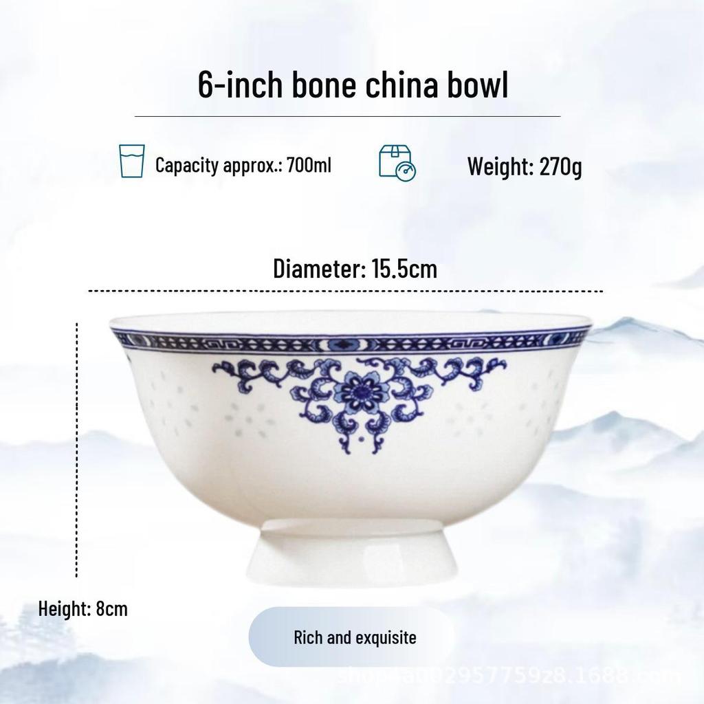 Blue and White High-Foot Bone China Noodle Bowl - Chinese-Style, Anti-Scald, Customizable for Birthdays