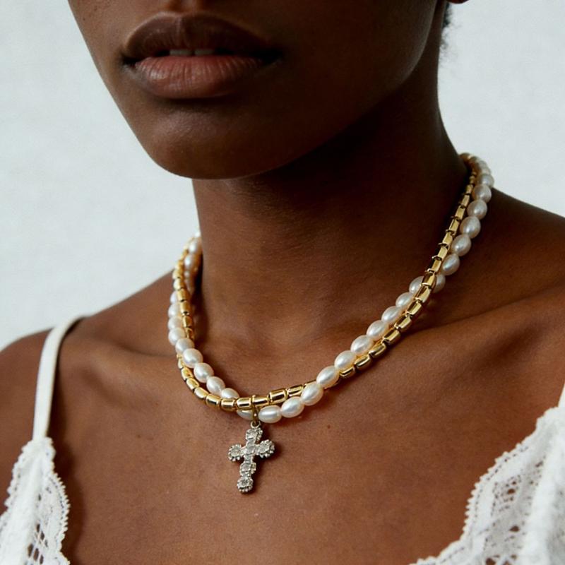 

2026 New Shiny Imitation Pearl Bead Multi-Layer Necklace for Women Elegant Metal Cross with Zircon Pendant Sweater Chain Zircon золотий